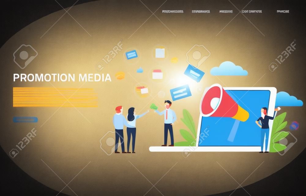Promotion media vector website template, web page and landing page design for website and mobile site development. Events, news speech bubbles, people shouting through megaphones. Online announcements