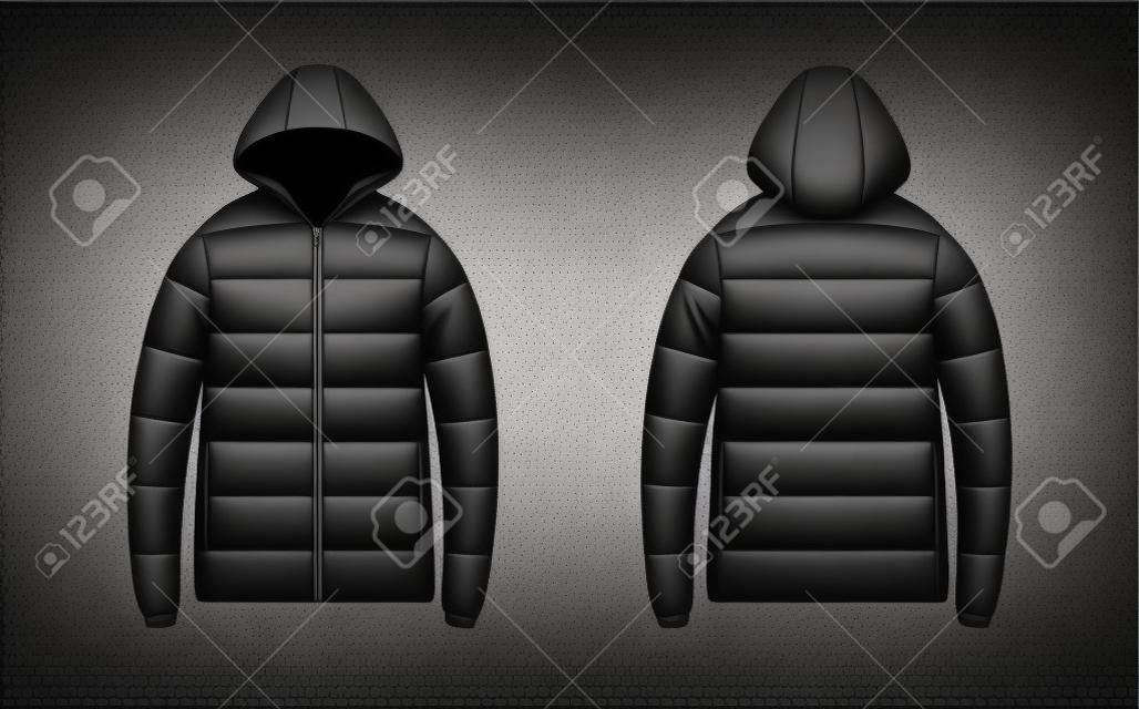 Zwarte puffer jas maquette set, vector geïsoleerde illustratie. Realistische moderne capuchon down jacket, voor- en achterzicht.