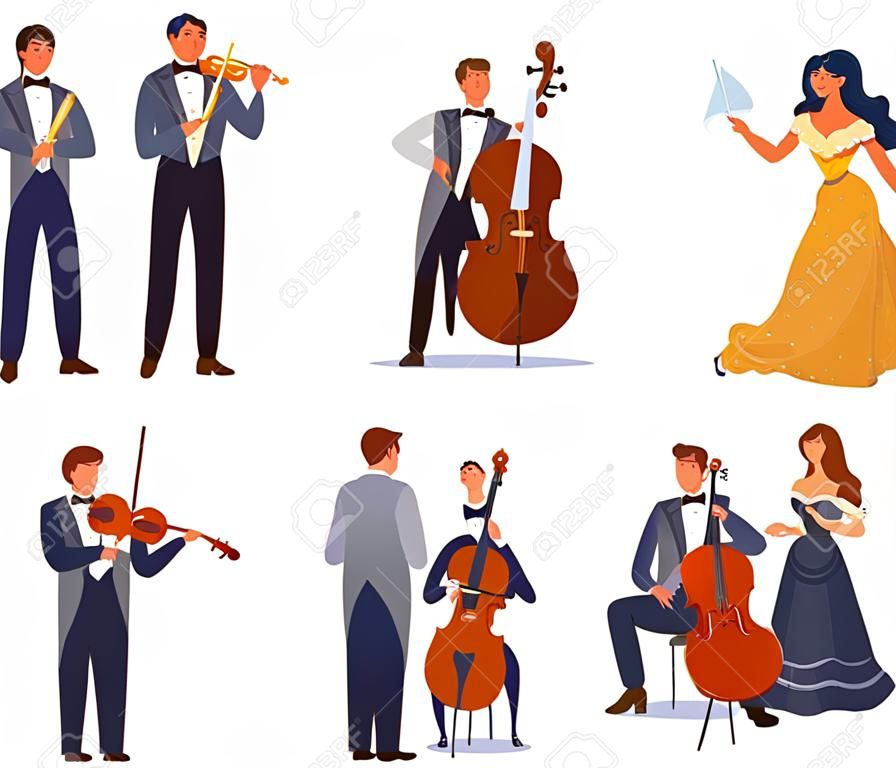 Zestaw znaków śpiewaka operowego i muzyka, płaska ilustracja wektorowa. koncert muzyki klasycznej, orkiestra symfoniczna.