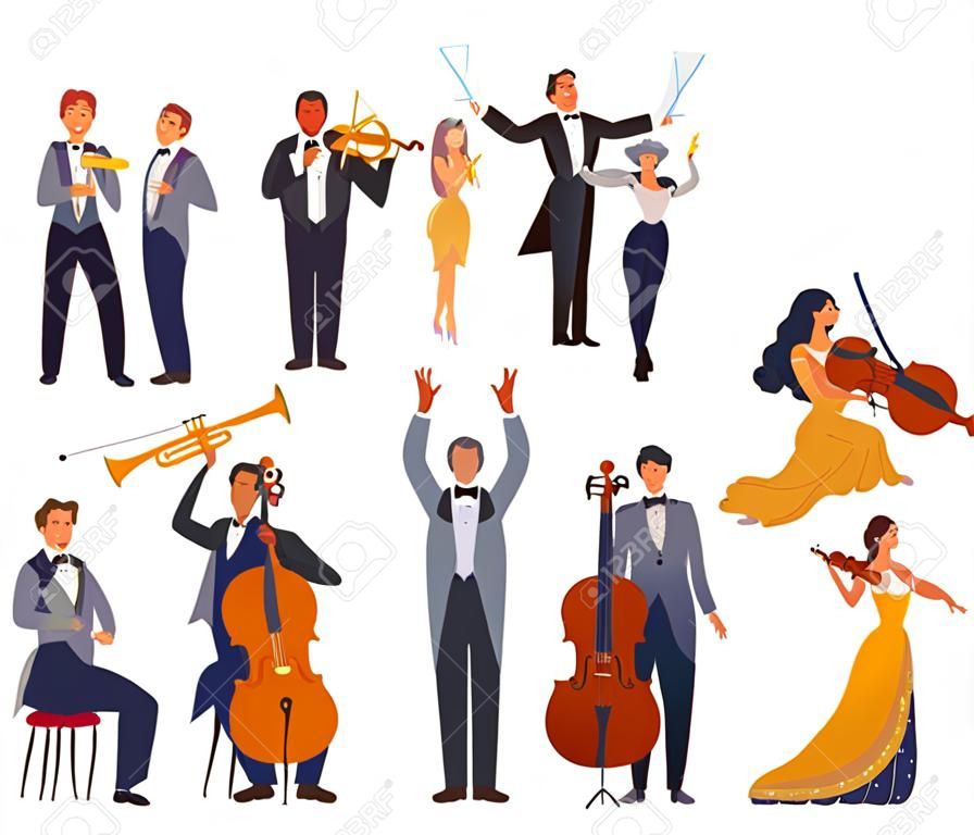 Zestaw znaków śpiewaka operowego i muzyka, płaska ilustracja wektorowa. koncert muzyki klasycznej, orkiestra symfoniczna.