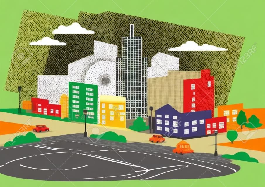 City landscape with buildings, houses, roads, streets, cars, vector paper cut illustration. Urban design, architecture.