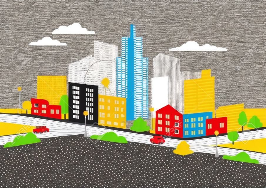 Paesaggio della città con edifici, case, strade, strade, automobili, illustrazione del taglio della carta vettoriale. Progettazione urbana, architettura.