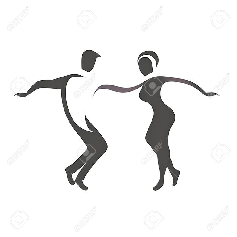 Dancing couple logo. Swing dance. Design template for label, banner or postcard. Raster illustration.