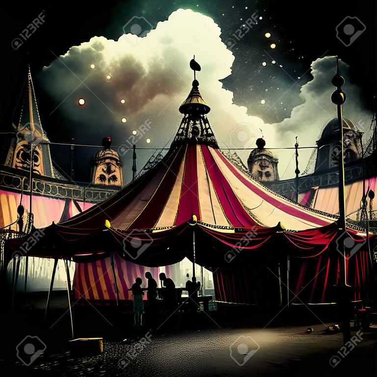 3D rendering of a circus tent with beautiful lighting in the background at the carnival