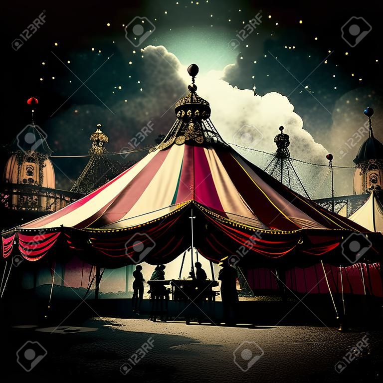 Renderowanie 3D namiotu cyrkowego z pięknym oświetleniem w tle na karnawale