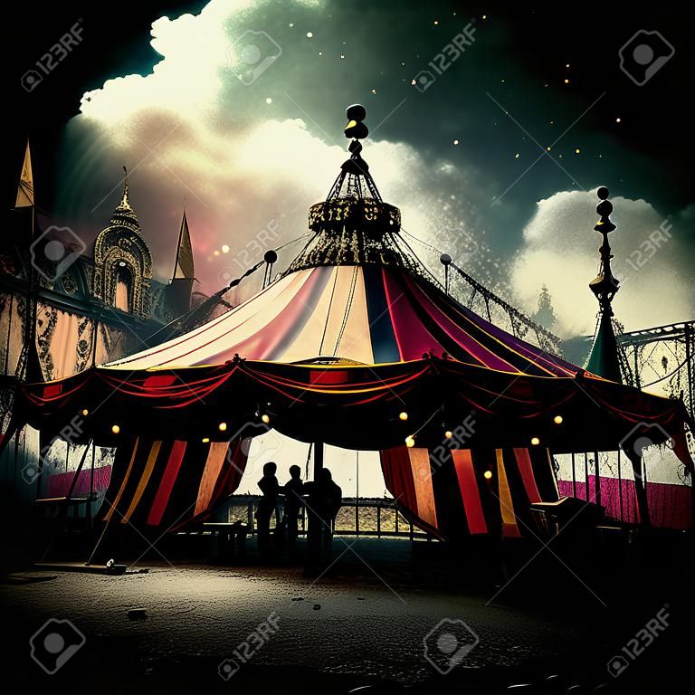 3D rendering of a circus tent with beautiful lighting in the background at the carnival