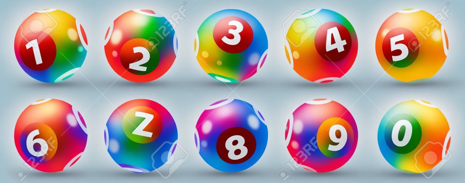 Lottery Number Balls. Farbige Kugeln isoliert. Bingo Ball. Bingo-Kugeln mit Zahlen. Satz von farbigen Kugeln. Lotto-Konzept. Bingo-Kugeln festgelegt.