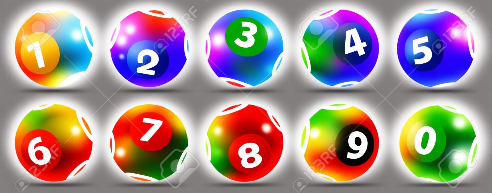 Liczba piłek do loterii. Kolorowe kulki izolowane. Piłka Bingo. Bingo piłki z numerami. Zestaw kolorowe kulki. Koncepcja Lotto. Zestawy piłek do gry w bingo.