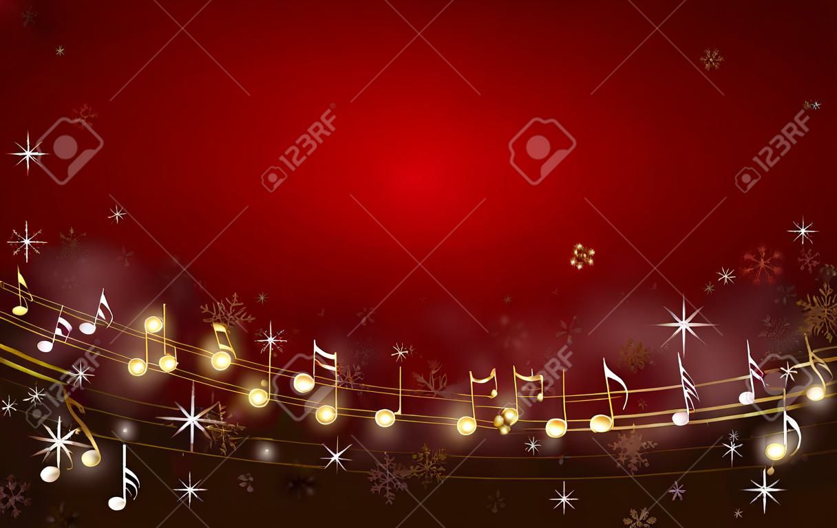 Red christmas background decorated with golden music notes
