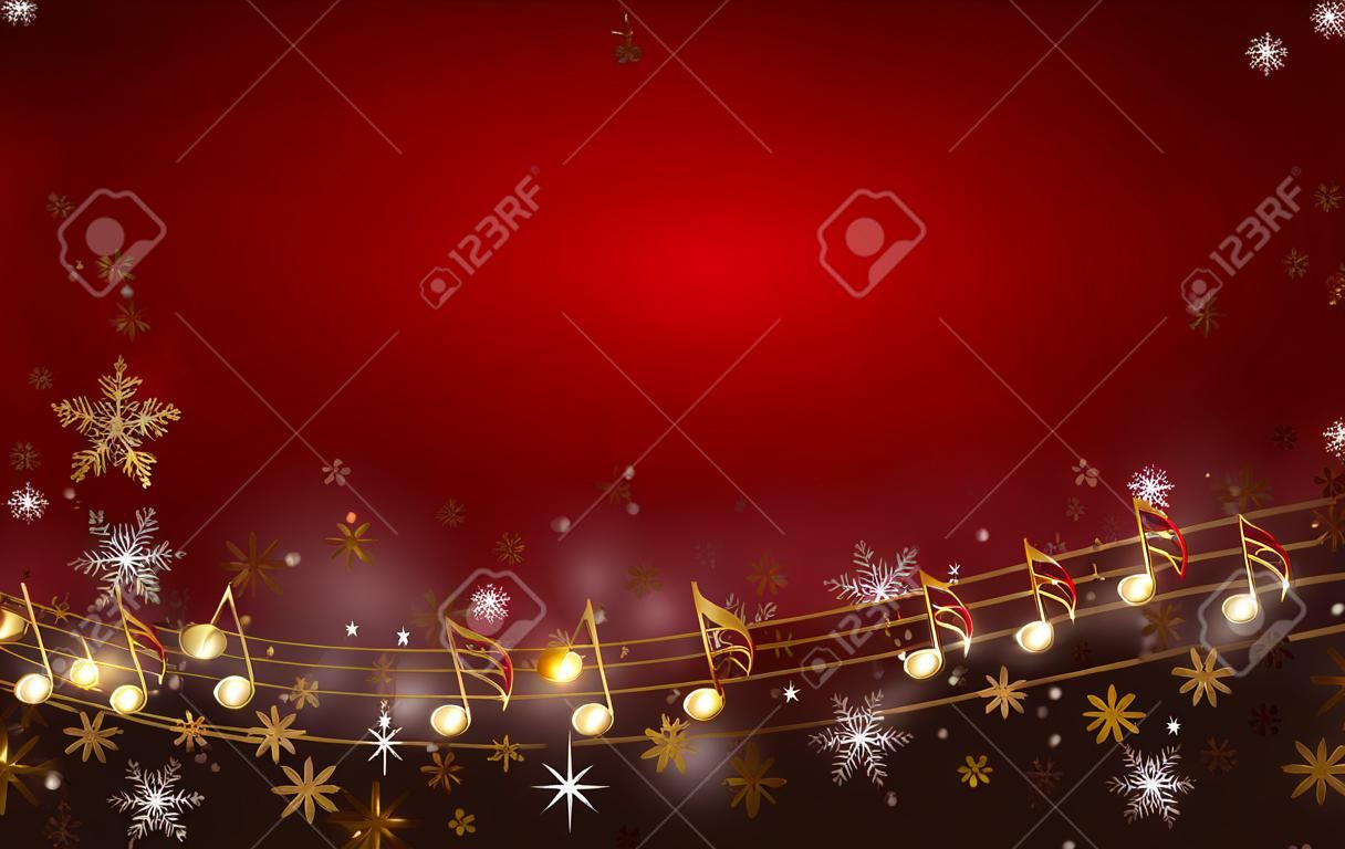 Fond rouge de Noël décoré avec des notes de musique d'or