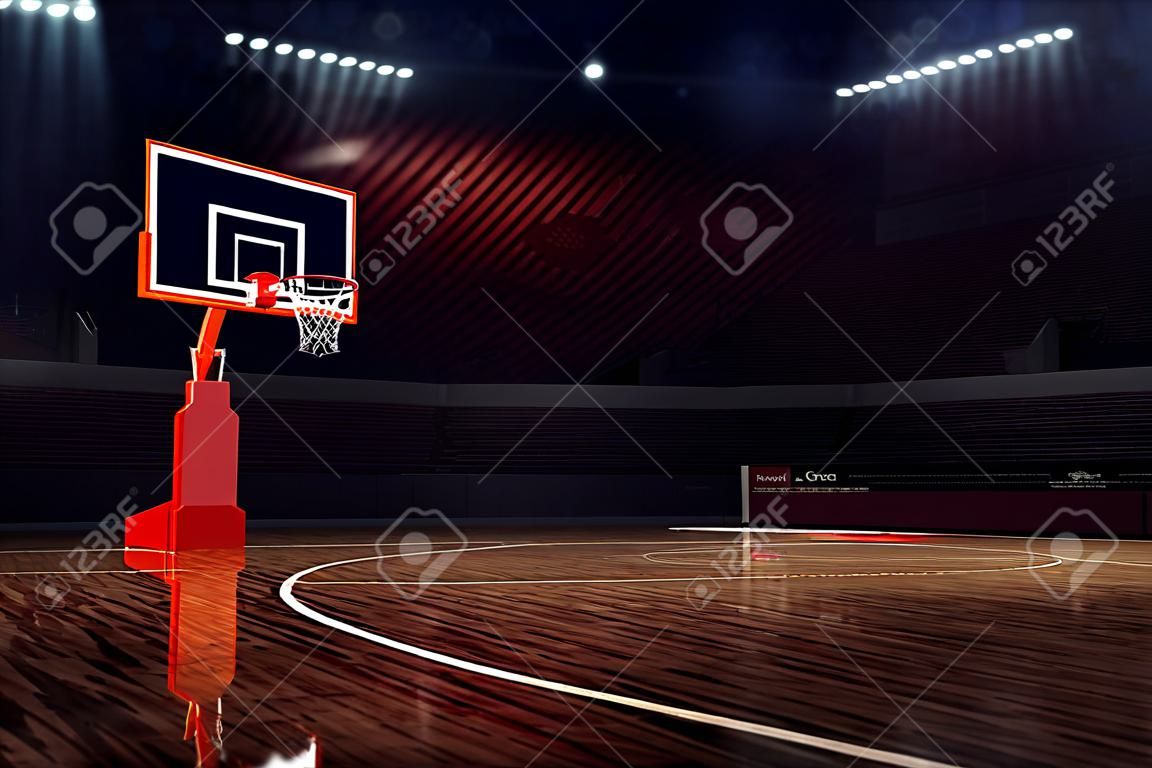 籃球場。體育競技場。三維渲染的背景。 unfocus中遠投的距離