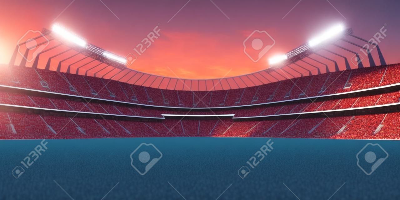 stadio al tramonto. con i fan delle persone. 3d render illustrazione cielo blu