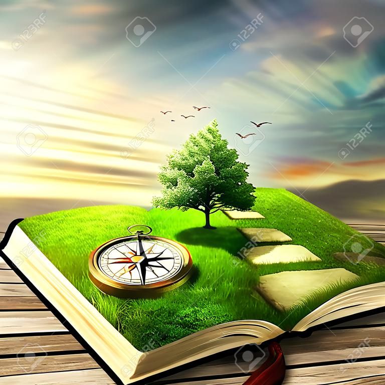 Illustratie van magie geopend boek bedekt met gras, kompas, boom en stoned manier op houtachtige vloer, balkon. Fantasy wereld, denkbeeldig uitzicht. Boek, boom van het leven, juiste manier concept. Originele screensaver.