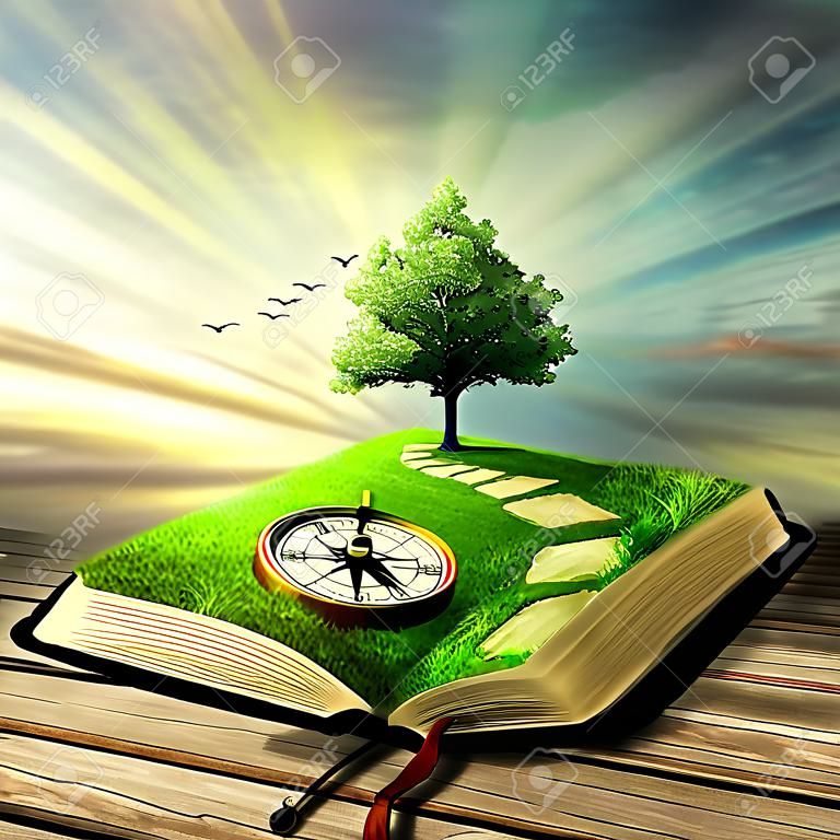 Illustratie van magie geopend boek bedekt met gras, kompas, boom en stoned manier op houtachtige vloer, balkon. Fantasy wereld, denkbeeldig uitzicht. Boek, boom van het leven, juiste manier concept. Originele screensaver.
