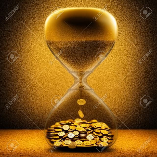 Il tempo è denaro concetto opportunità finanziaria. Orologio della sabbia con la polvere e le monete d'oro isolato su sfondo grigio muro