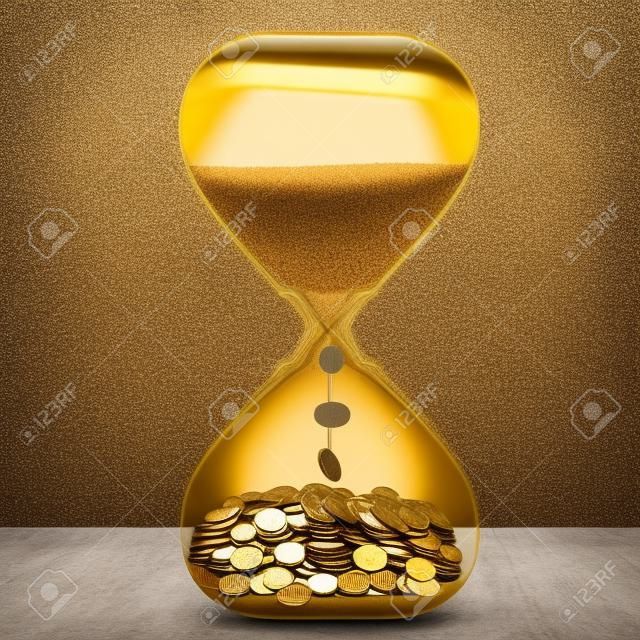 Tijd is geld financiële kansen concept. Zand klok met goud stof en munten geïsoleerd op grijze muur achtergrond