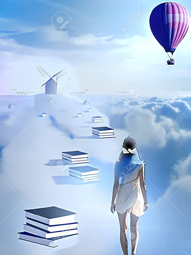 En búsqueda de concepto de conocimiento. Fantasía visión del mundo imaginario. Mujer caminando por la pase libro sobre las nubes con barco antiguo molino de viento en el horizonte. Éxito en la vida de una persona educada, concepto humano