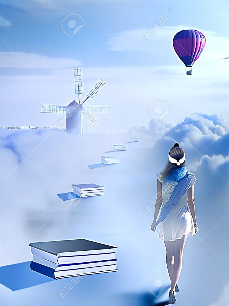 Em busca de conceito de conhecimento. Fantasia visão imaginária do mundo. Mulher andando pelo livro passar acima das nuvens com navio velho moinho de vento no horizonte. Sucesso de vida de uma pessoa educada, conceito humano
