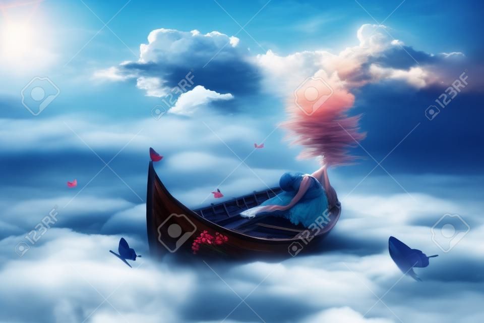 Молодая одинокая красивая женщина дрейфует на лодке выше облаков. Мечтательный Заставка с горизонта фоне