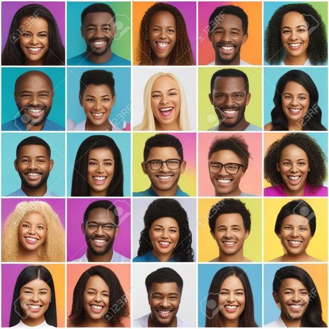 微笑的脸。快乐集团的多种族的积极的人男人和女人