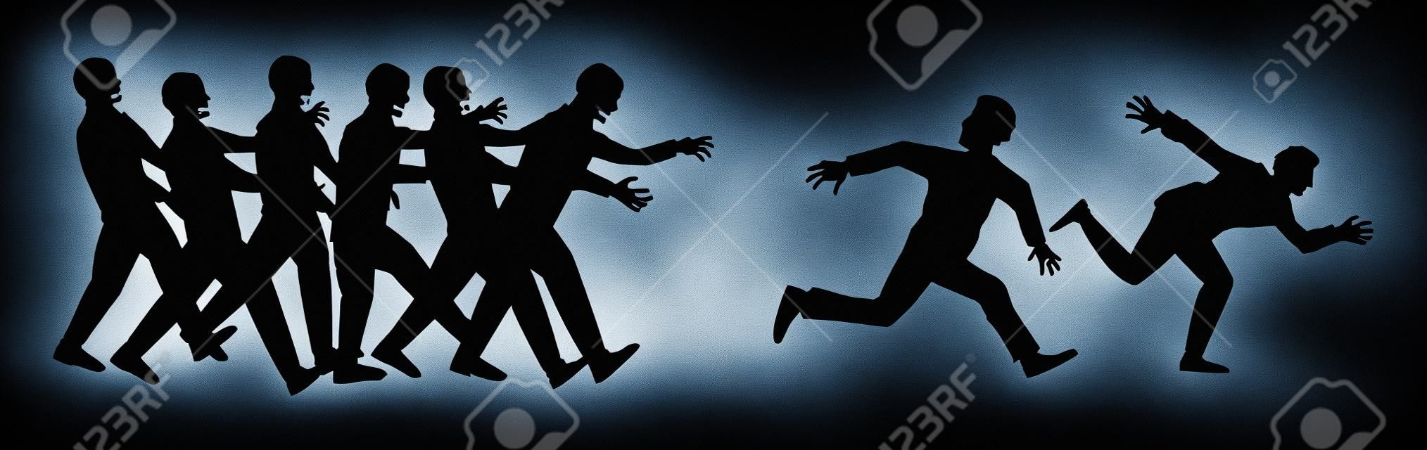 silhouet mens vlucht uit zombies groep