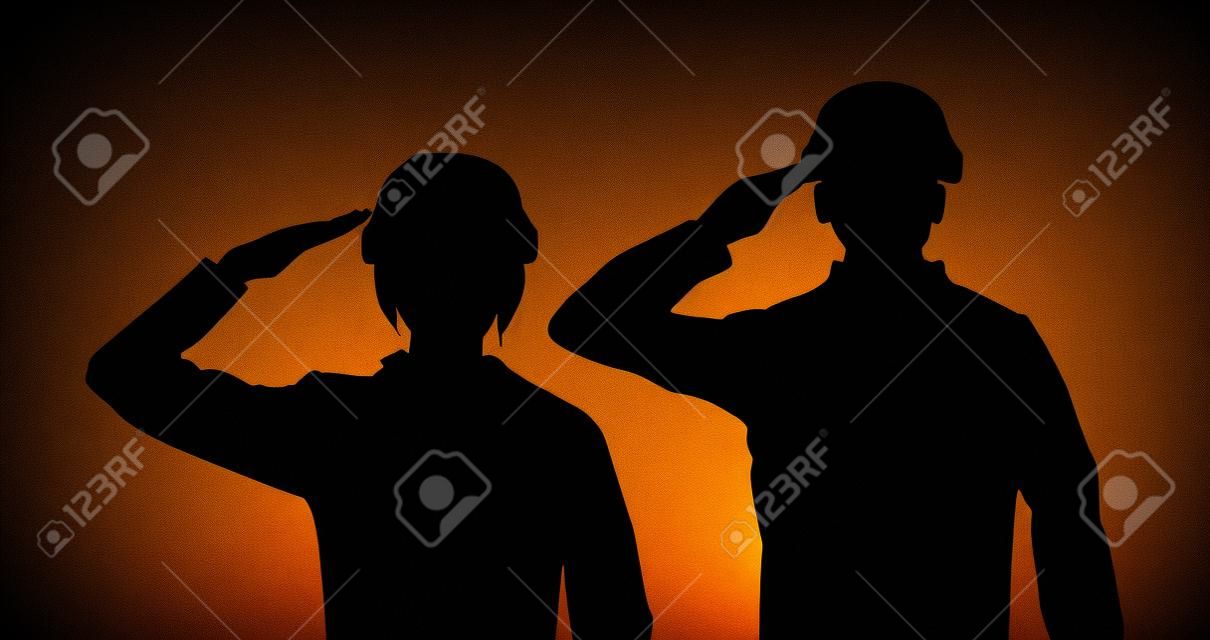 силуэт черный салют мужчин и женщин солдат