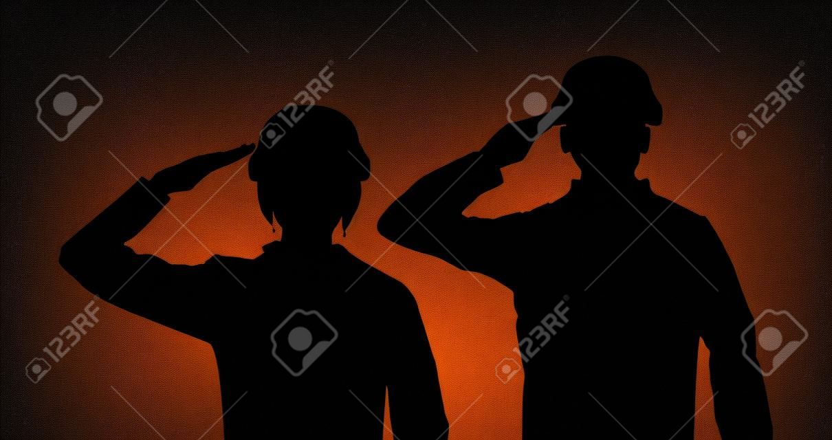 силуэт черный салют мужчин и женщин солдат