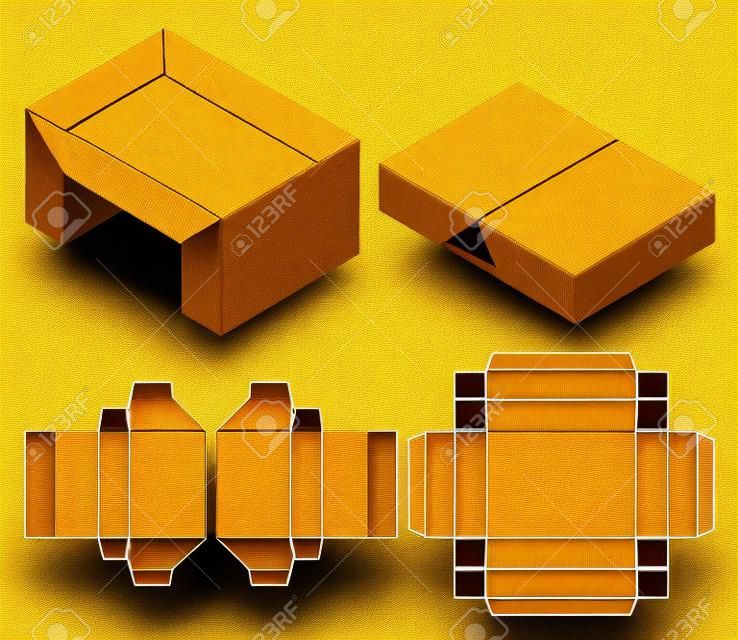 Caja de embalaje troquelado diseño de plantilla. Maqueta 3d