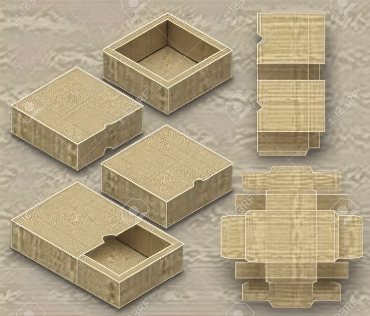 Progettazione del modello fustellato imballaggio della scatola. Modello 3D