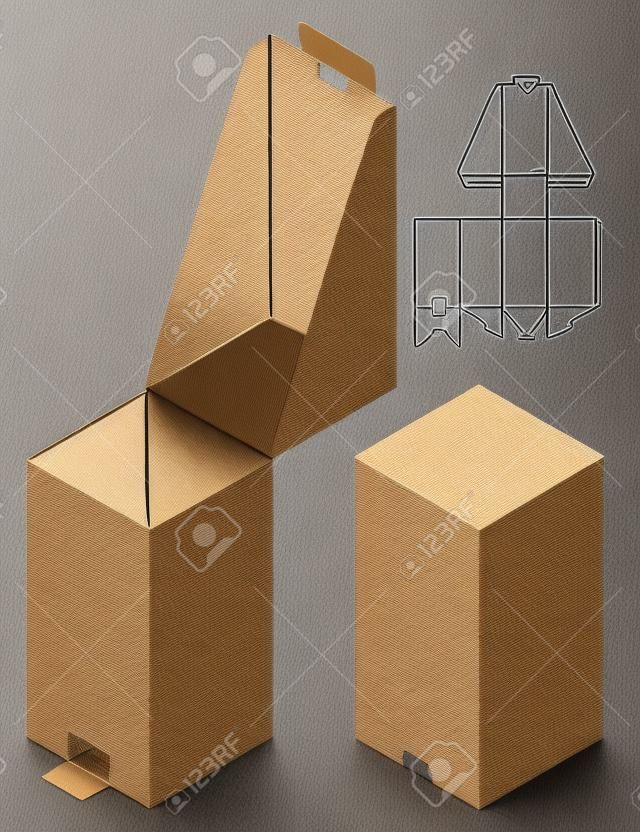 Progettazione del modello fustellato imballaggio della scatola. Modello 3D