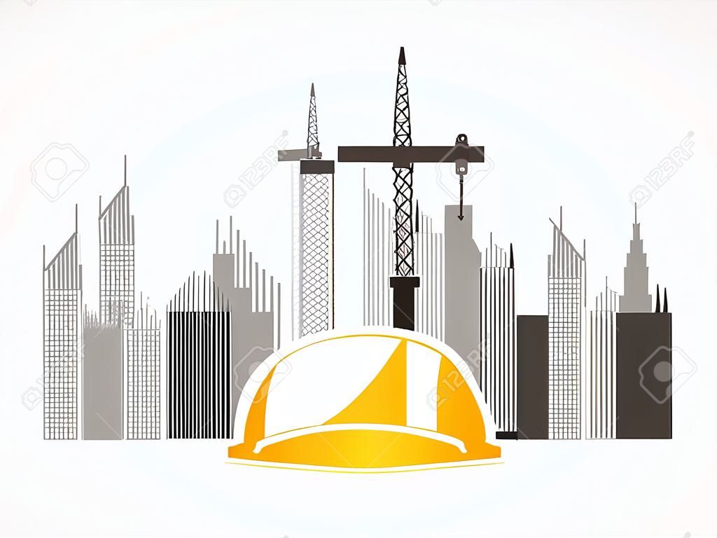 industria de la construcción construcción diseñada en la torre y la ciudad de fondo gráfico vectorial.