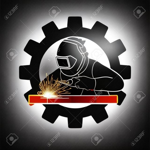 Welder working welding designed on gear wheel  background graphic vector