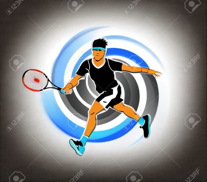 Der laufende Tennisspieler, Mann spielen Tennisbewegung, die auf Drehscheibenhintergrund-Grafikvektor entworfen ist.