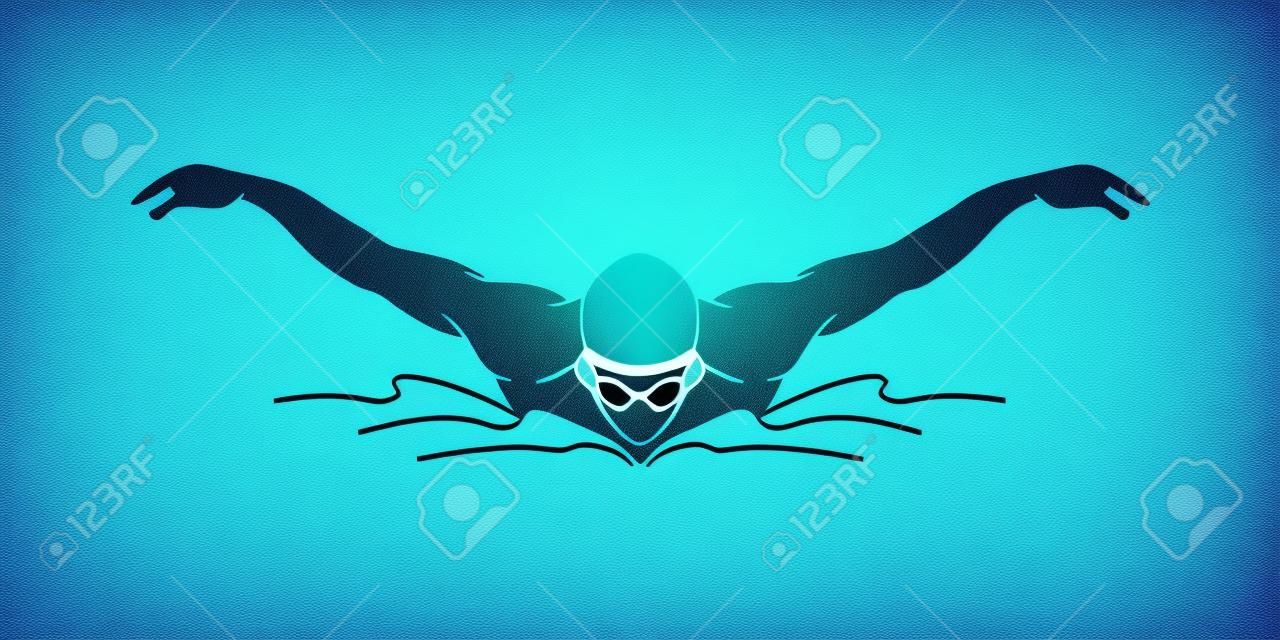 游泳蝴蝶中風，男子游泳使用藍色grunge畫筆圖形矢量設計
