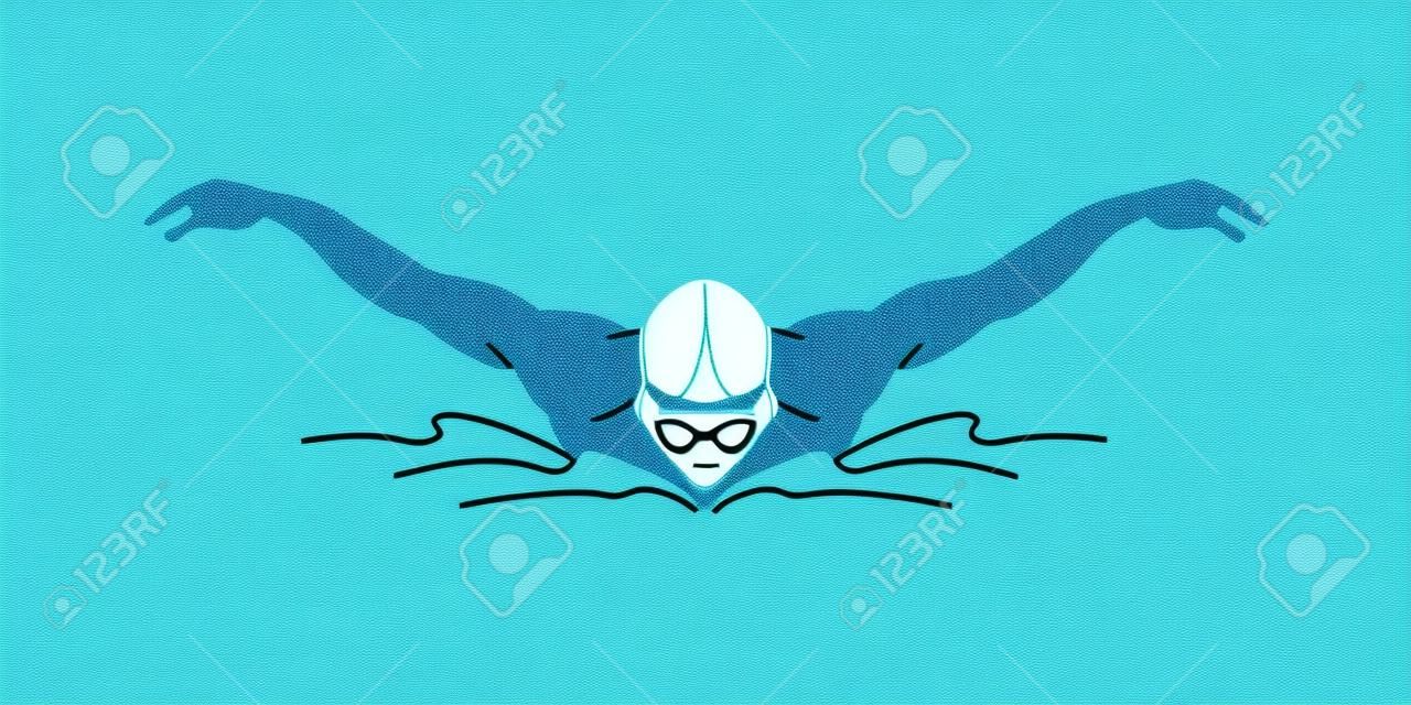Colpo di farfalla di nuoto, nuoto dell'uomo progettato usando il vettore grafico blu della spazzola di lerciume