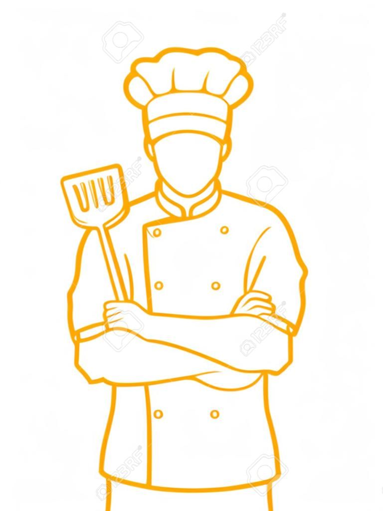 Chef cook standing crossed arms with pan and spatula outline graphic vector