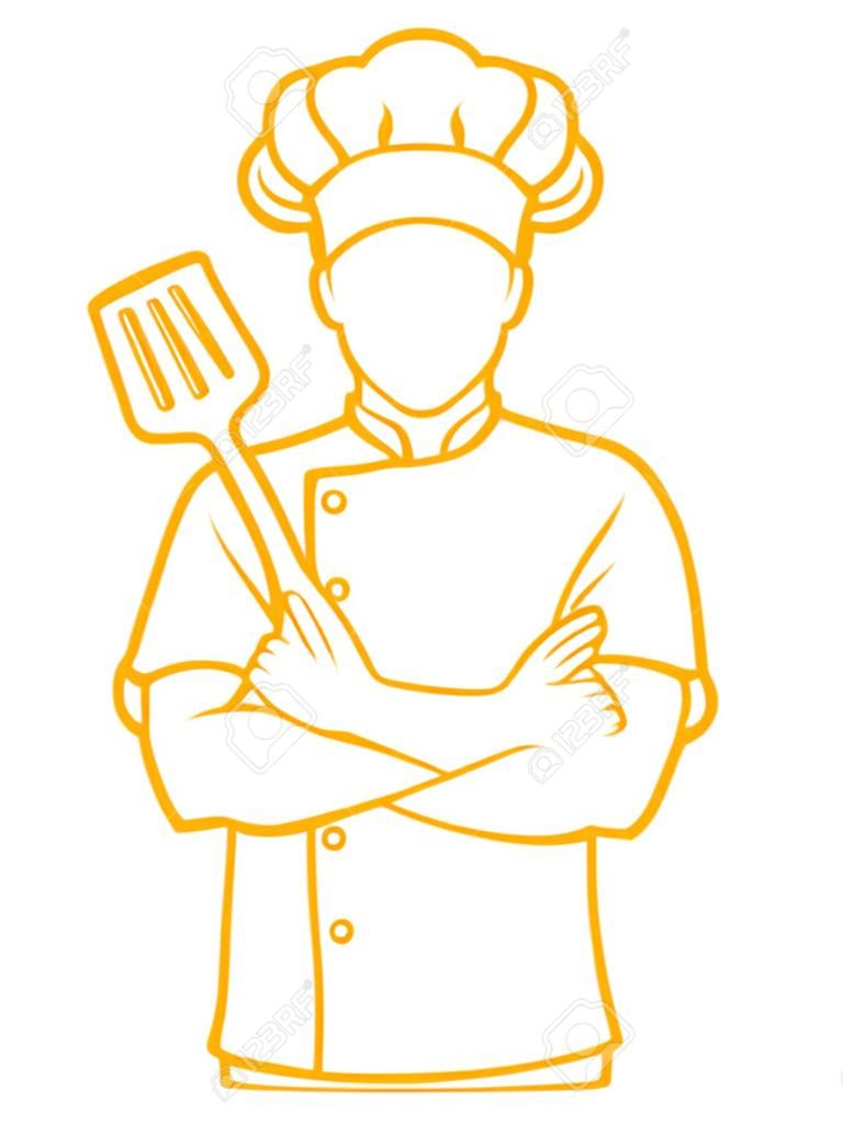 Chef cook standing crossed arms with pan and spatula outline graphic vector