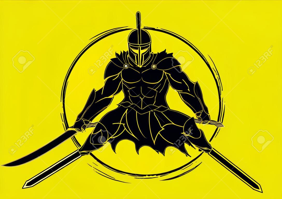 Angry spartan warrior with sword, vector illustration.
