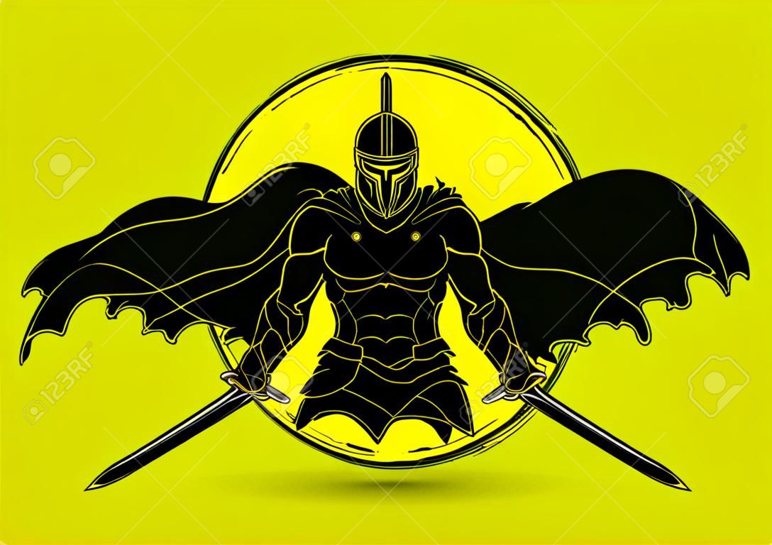 Angry spartan warrior with sword, vector illustration.