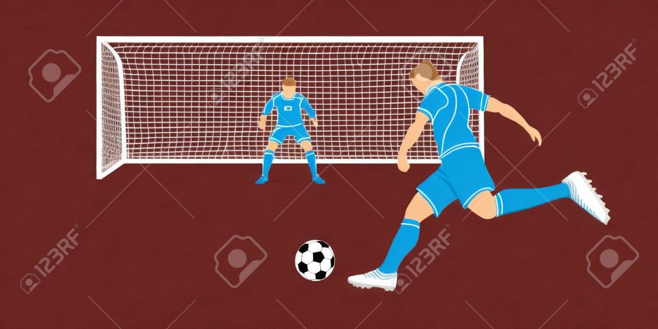 골키퍼 서 액션 그래픽 벡터와 공을 차는 축구 선수.