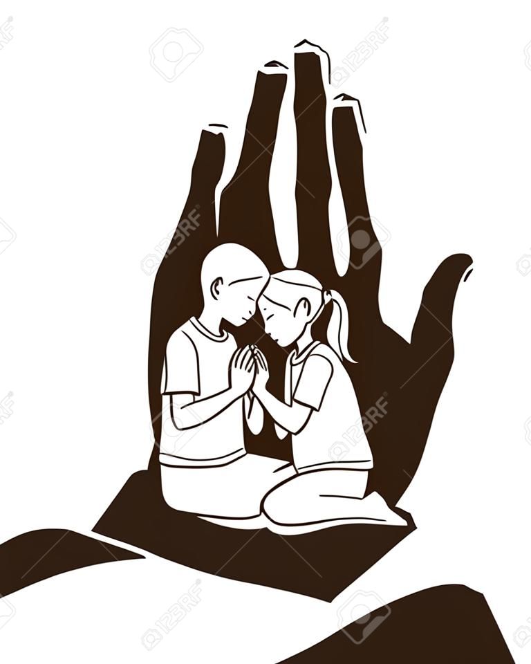 Boy and Girl Prayer, Christian praying ,Praise God, Worship cartoon graphic vector