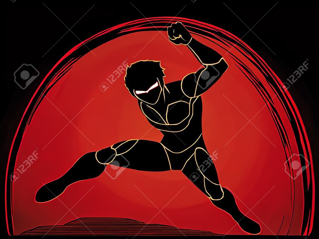 Superhero landing action, Cartoon superhero man graphic vector.