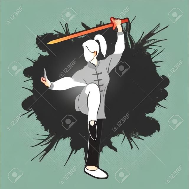 Woman with sword action, Kung Fu pose graphic vector.