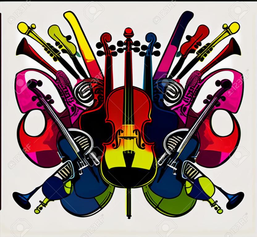 Set di strumenti per orchestra progettati utilizzando la grafica vettoriale dei cartoni animati a pennello colorato