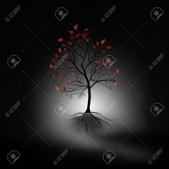 Silhueta de uma árvore solitária em um fundo preto. Silhueta da árvore com folhagem e raízes.