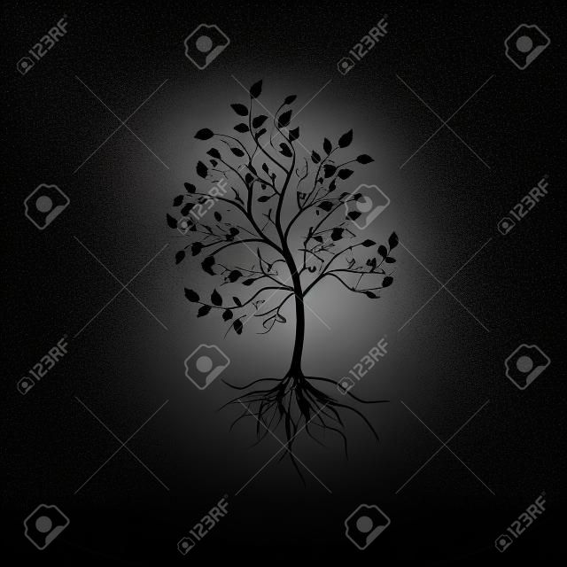 Silhueta de uma árvore solitária em um fundo preto. Silhueta da árvore com folhagem e raízes.
