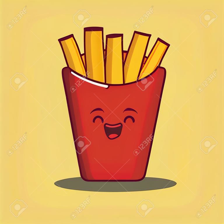 French fries in box with cute funny face. Fried potato sticks in pack with eyes and mouth. Happy chips character smiling. Colored flat cartoon vector illustration of adorable comic fast food