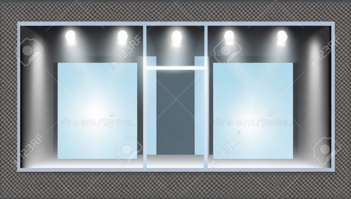 Oświetlona witryna sklepowa z reflektorami w centrum handlowym. Miejsce na wystawę. Białe tło. Ilustracja wektorowa.