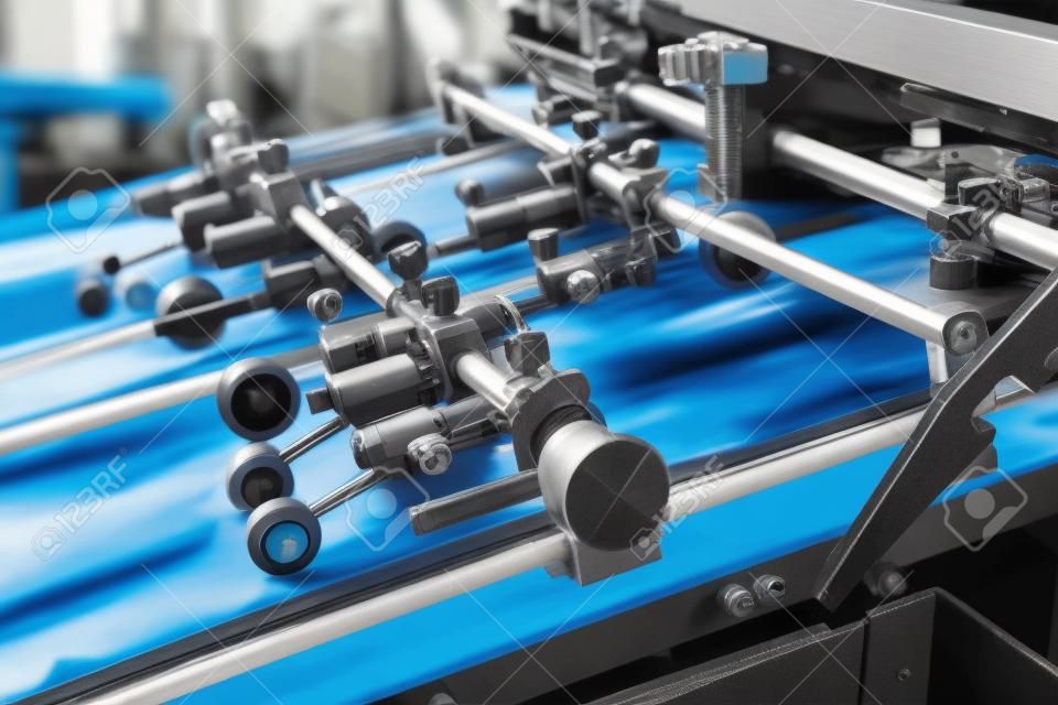 Close up de uma máquina de impressão offset durante a produção