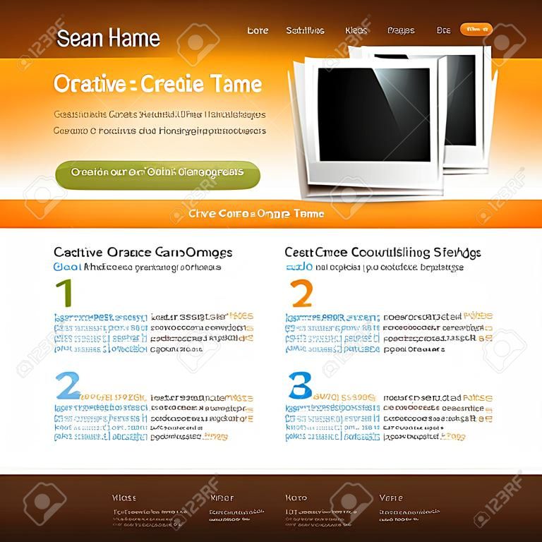 modern orange website creative template with old photo frame illustration - blue, green color accents